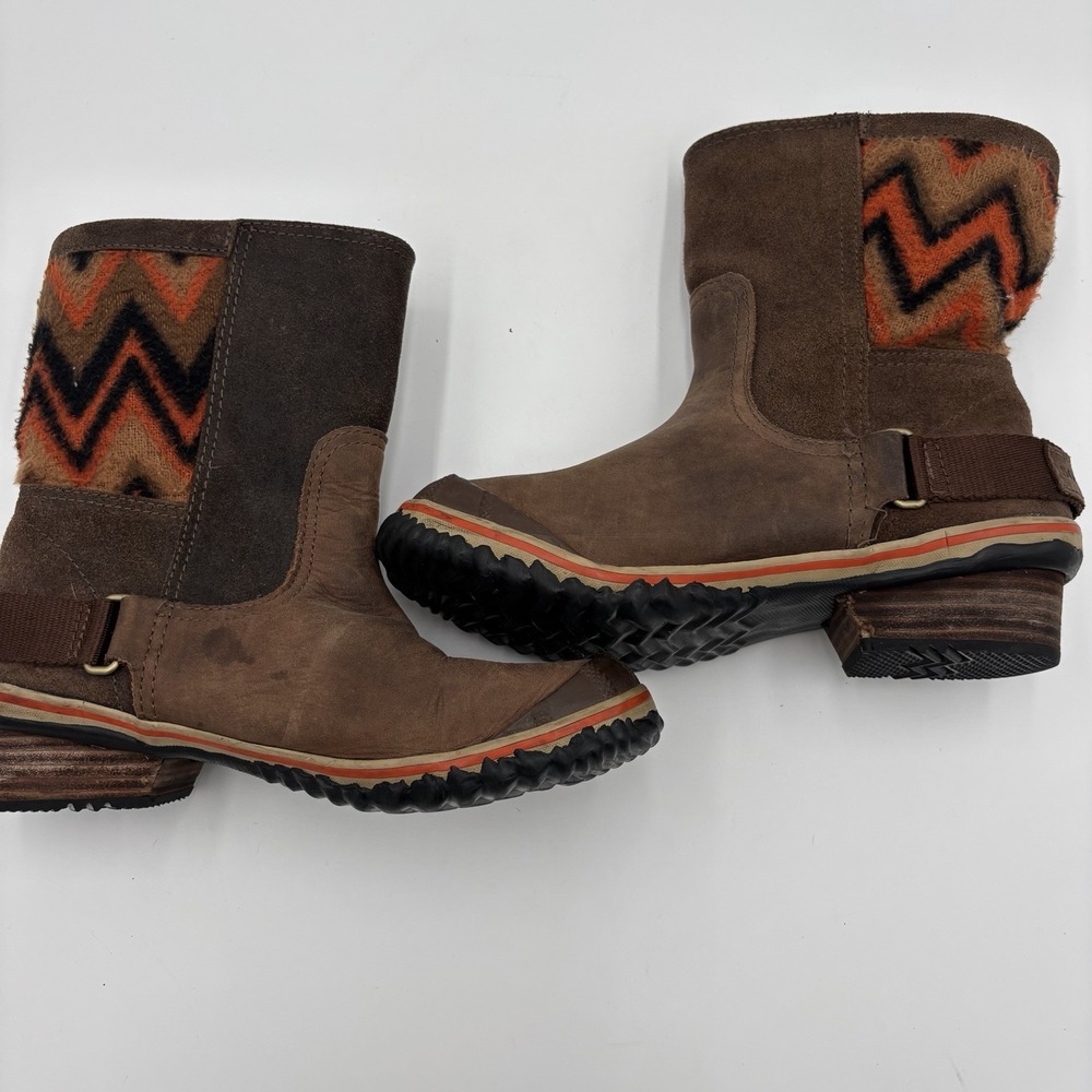 Sorel‎ Slimshortie Navajo Leather Short Sheep Fur Lined Winter Boots Womens 7.5 - Picture 2 of 7
